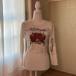 Ed Hardy White Long Sleeve Tee with Red Heart Motif